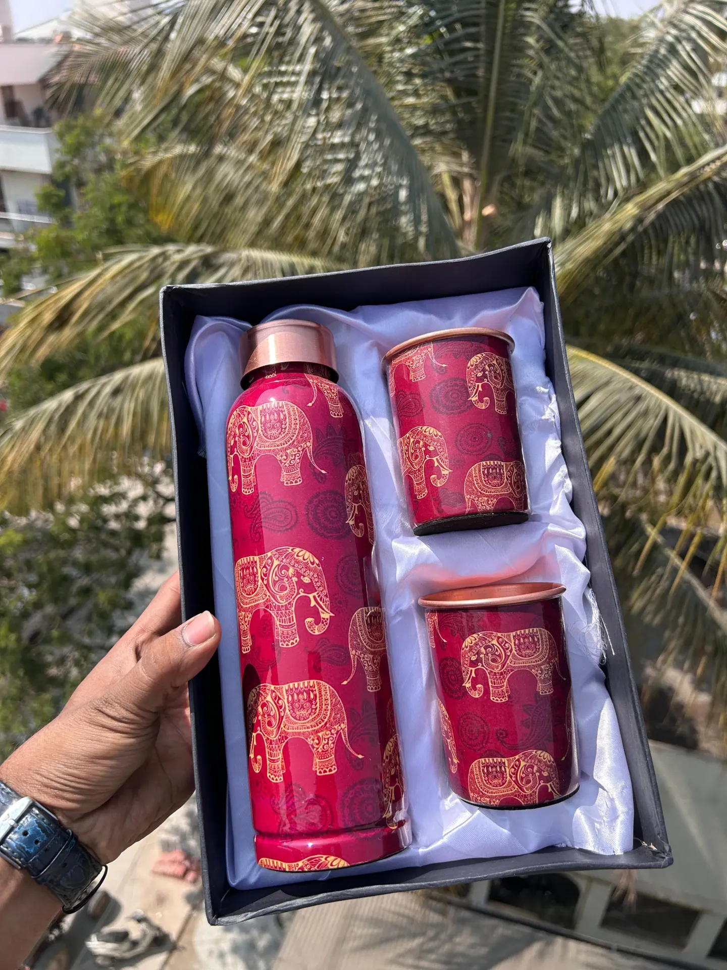 Enamel Painted copper bottle & 2 Glasses